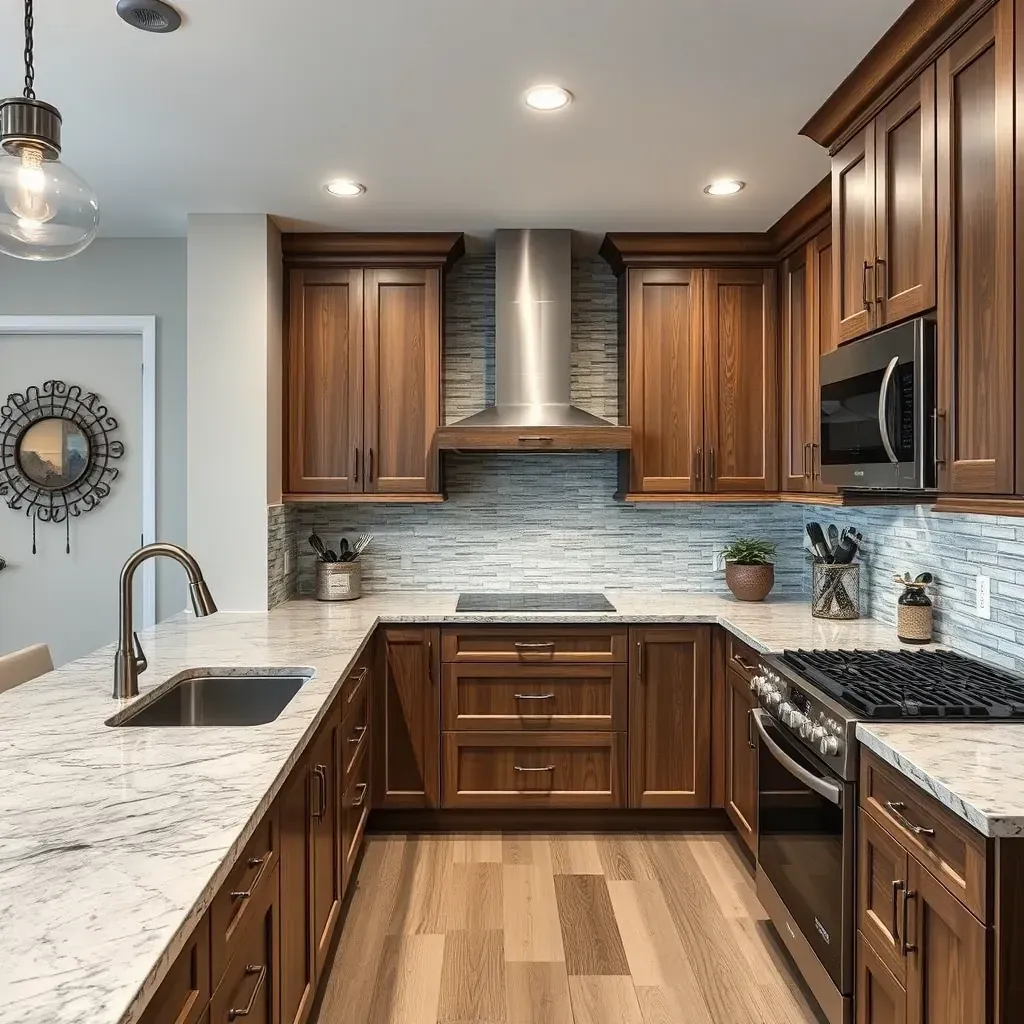 Modern Round Rock, TX kitchen with white quartz countertops, wood cabinets, stainless appliances, and bright natural light.
