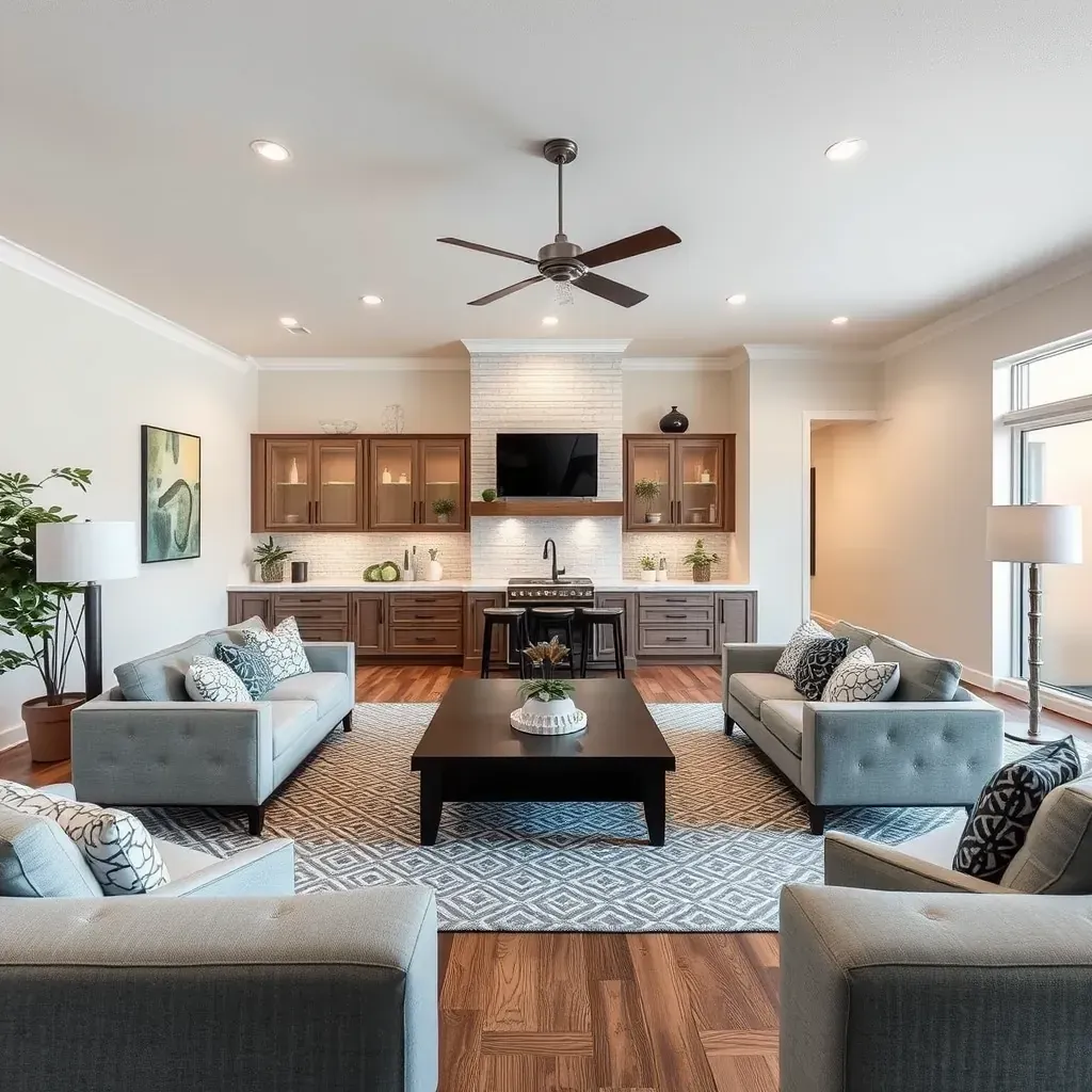 Beautiful renovated Liberty Hill, TX home with landscaped yard, modern porch, polished car, and scenic Texas sky.