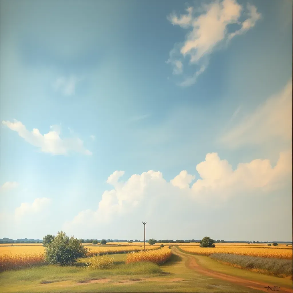 Vibrant Texas landscape painting on a wooden easel outdoors in Round Rock, TX, featuring rolling hills, wildflowers, and sunset hues.