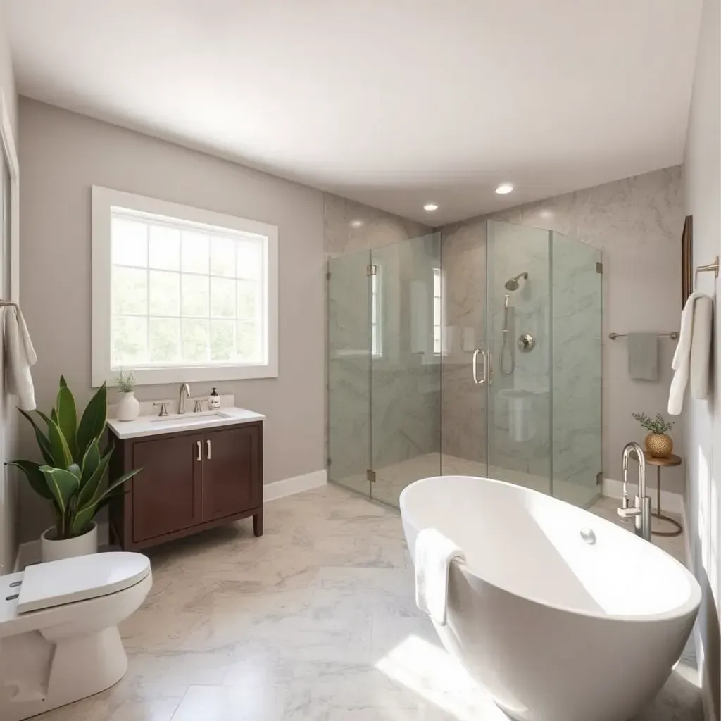 Modern Bastrop bathroom with walk-in shower, marble vanity, natural tiles, and stylish decor.