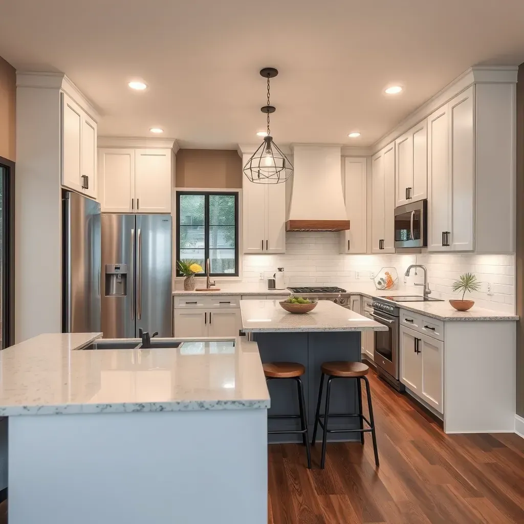 Modern kitchen in Round Rock, TX with wood cabinets, quartz counters, stainless appliances, hardwood floors, and natural light.