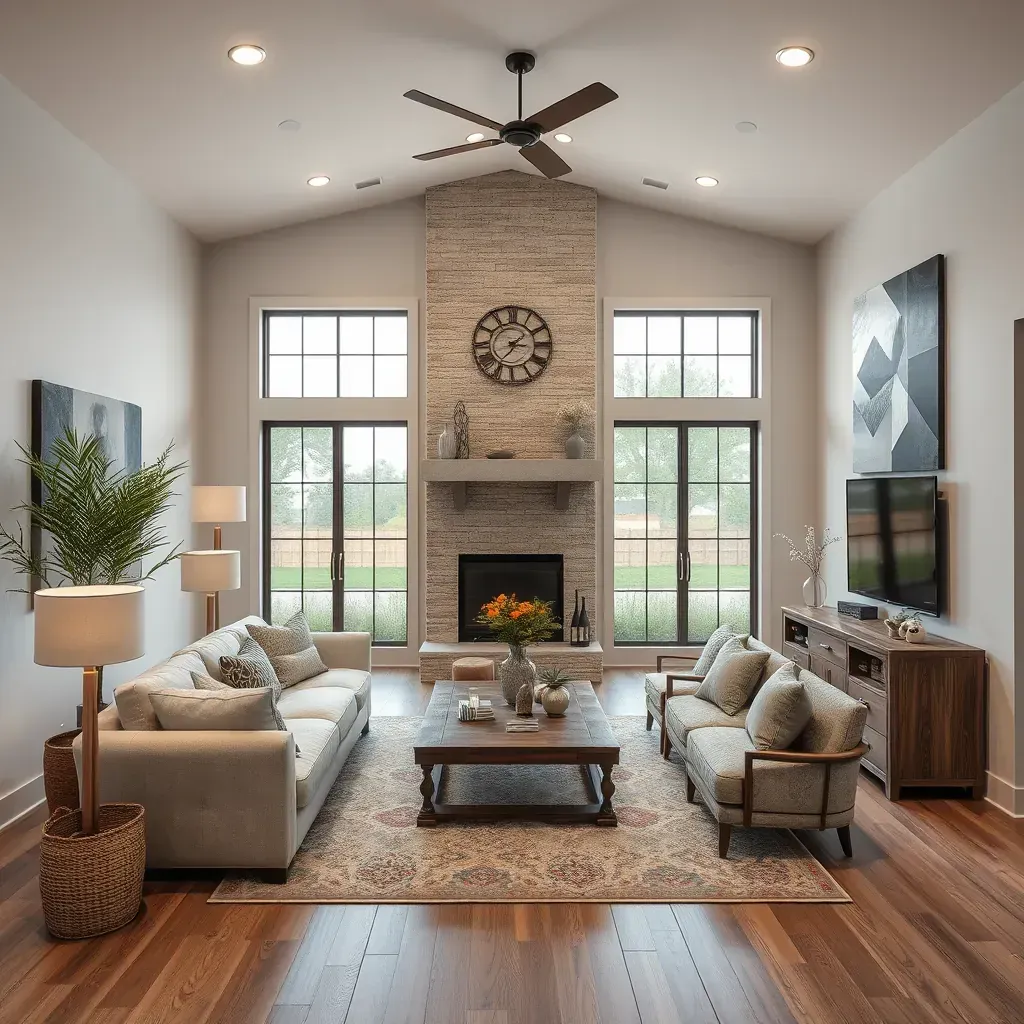 Renovated Buda, TX bungalow with fresh siding, modern porch, landscaped gardens, oak trees, and updated garage in warm sunlight.