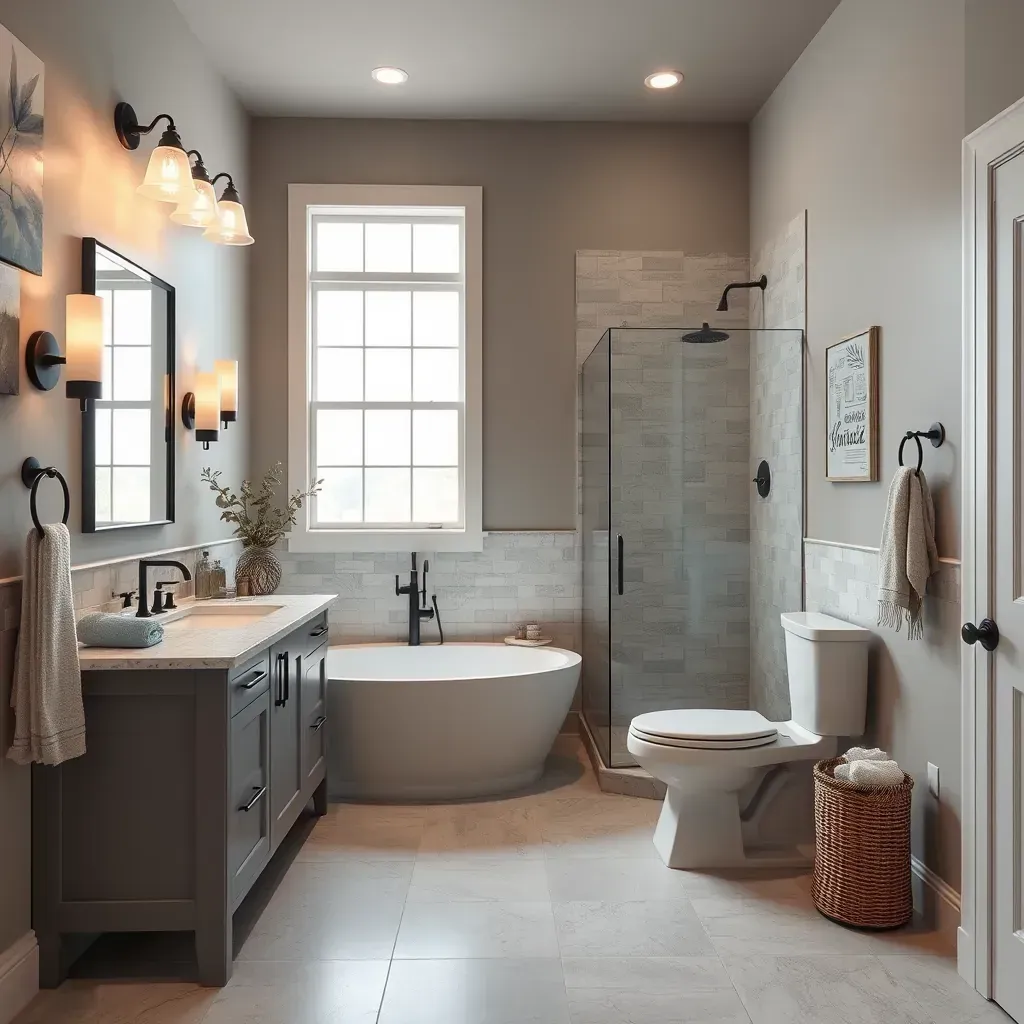 Modern bathroom remodel in Manor, TX with large neutral tiles, walk-in shower, double vanity, quartz countertops, and stylish fixtures.