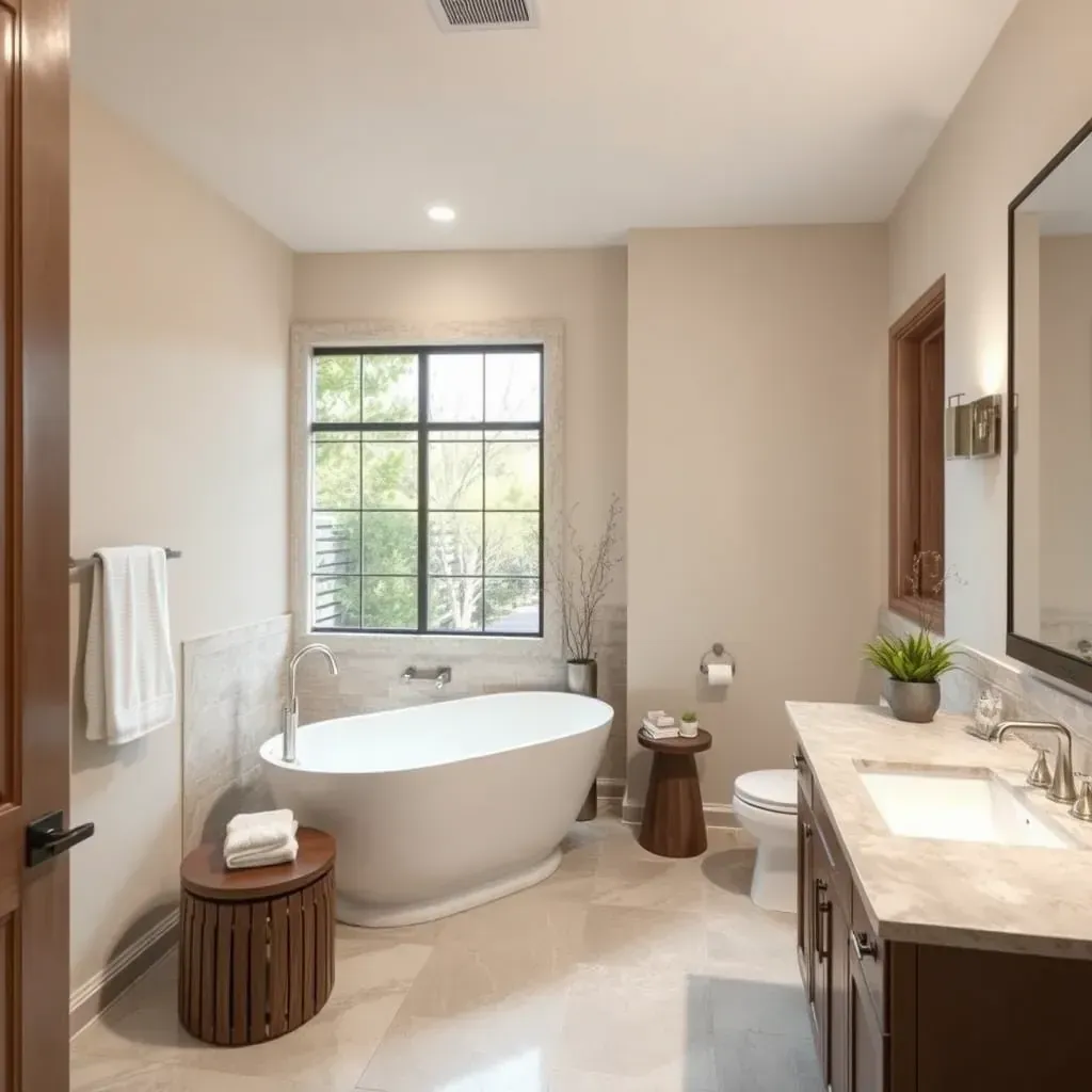 Beautiful modern bathroom with marble tiles, soaking tub, floating vanity, glass shower, and elegant decor in Spicewood Springs, TX.