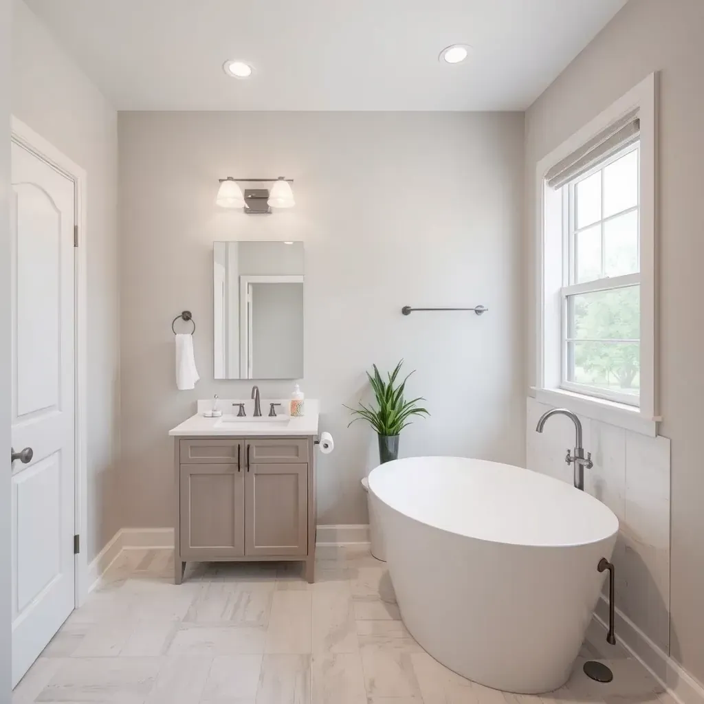 Modern Taylor, TX bathroom with walk-in shower, elegant tile, marble vanity, warm lighting, and coastal-inspired decor.