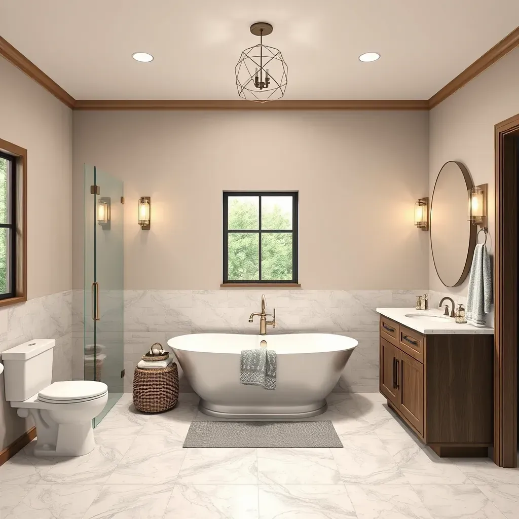 Bathroom remodel in Seguin, TX featuring a modern design with a large glass shower, freestanding tub, marble vanity, and Texas-inspired decor.