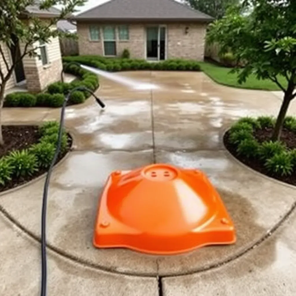 Pressure washing in Round Rock, TX: show a professional cleaning a house’s brick siding and driveway under bright sunlight.