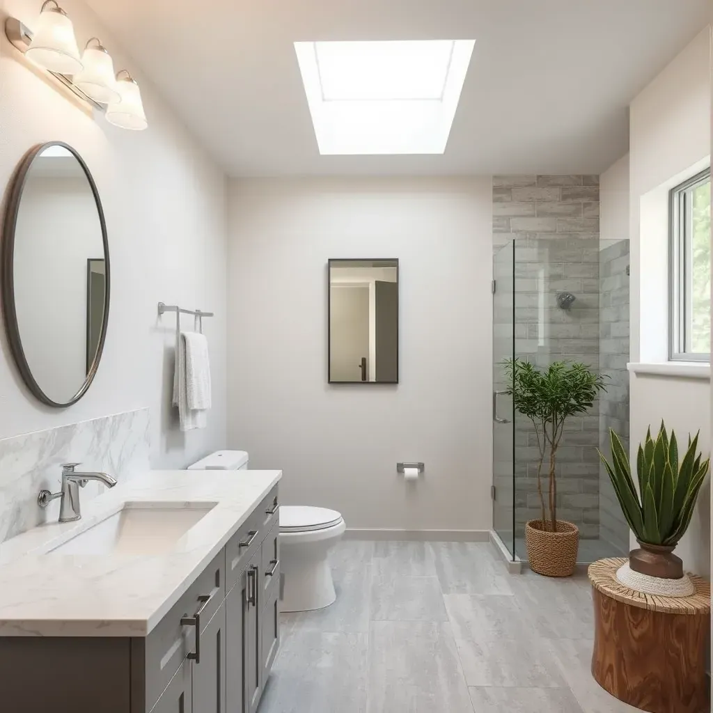 Modern Steiner Ranch bathroom with large windows, freestanding tub, glass shower, floating vanities, and Texas hill country view.