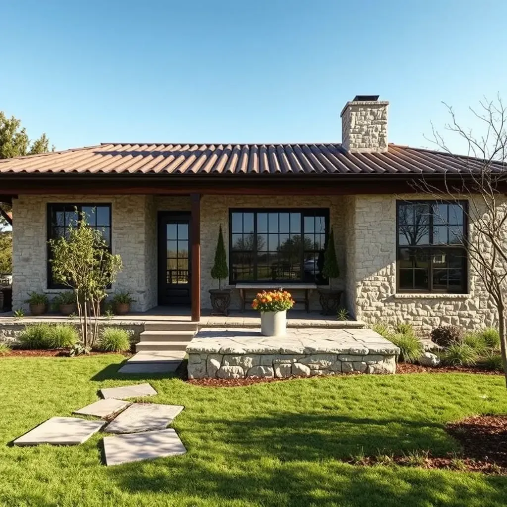 Renovated ranch-style home in Dripping Springs, TX with rustic cedar siding, modern accents, lush native landscaping, and a spacious outdoor living area.