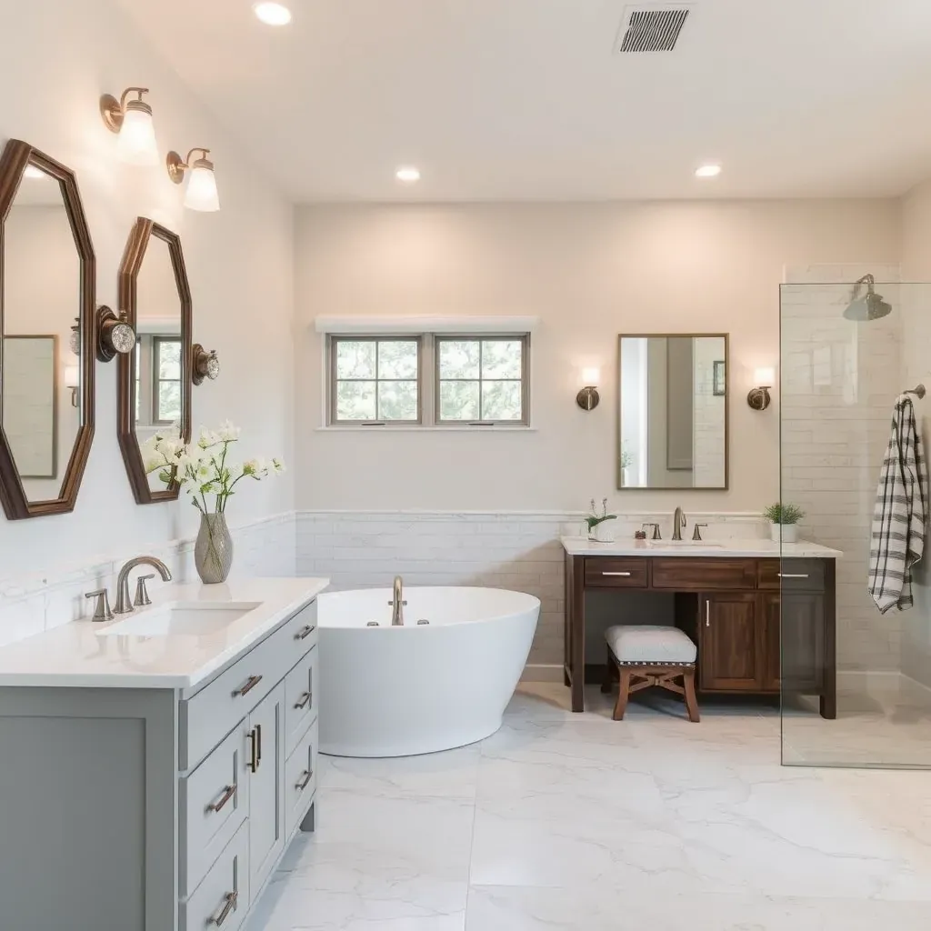 Modern bathroom in Dripping Springs, TX with walk-in shower, soaking tub, double vanity, scenic landscape views, and elegant finishes.