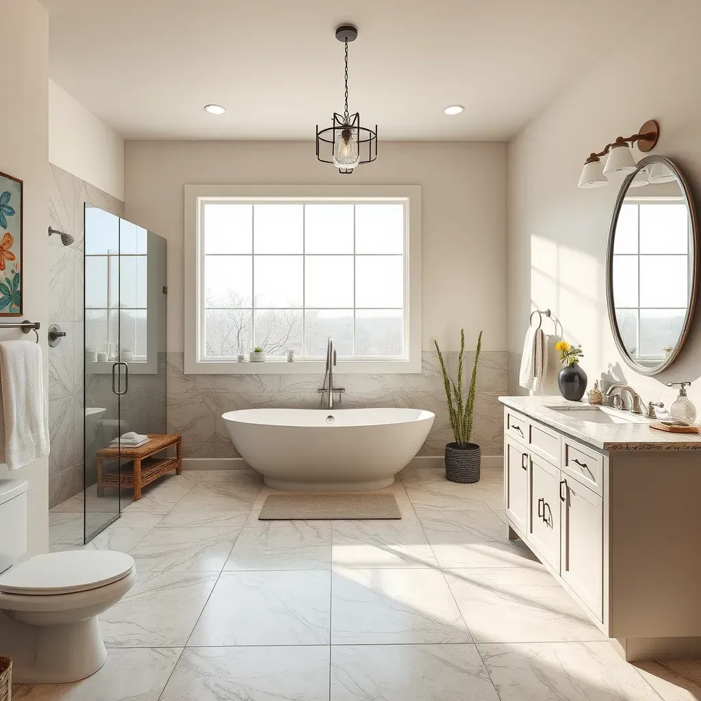 Modern Kerrville bathroom with granite countertops, walk-in shower, freestanding tub, wooden cabinetry, and scenic window.