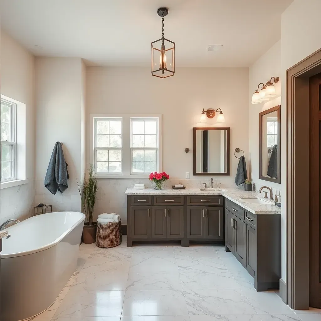 Modern remodeled bathroom in College Station, TX with walk-in shower, floating vanity, quartz countertop, and neutral tones.