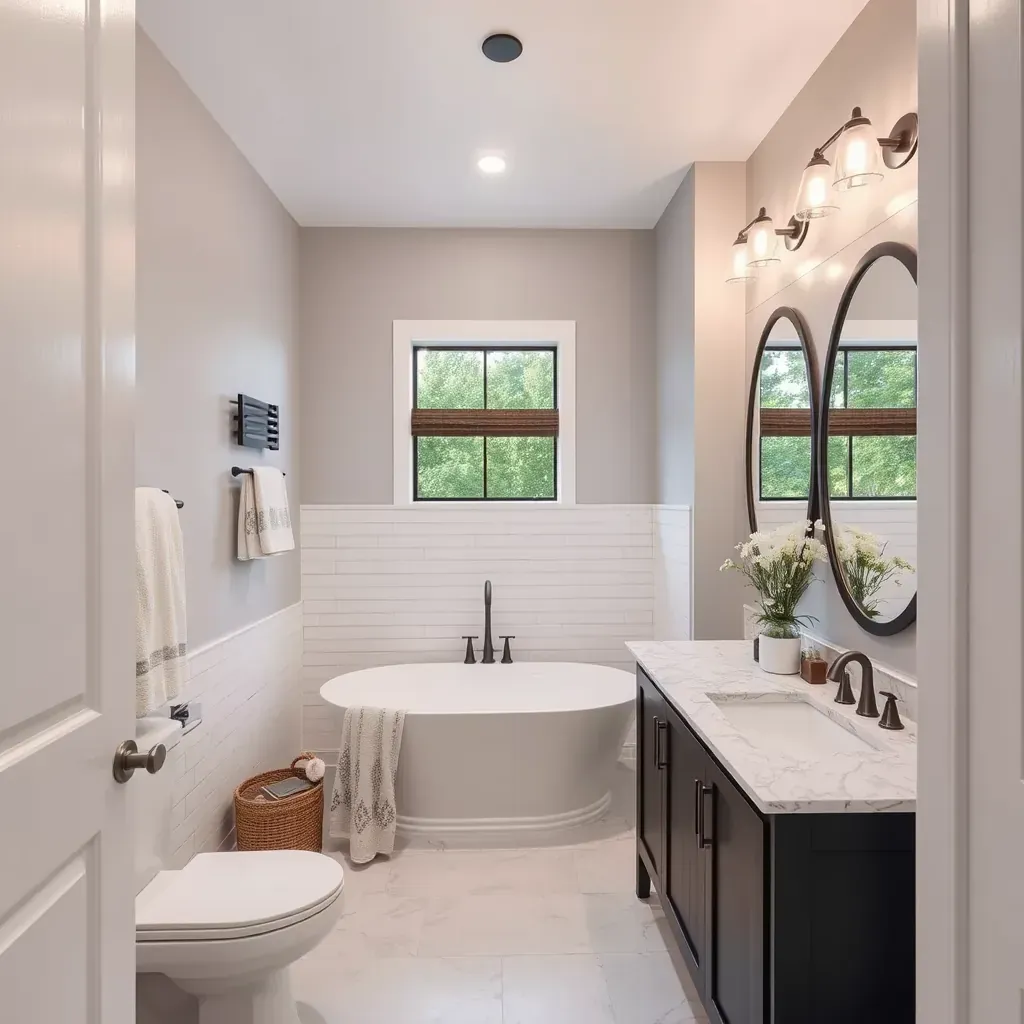 Modern bathroom remodel in New Braunfels, TX featuring a freestanding tub, walk-in glass shower, marble double vanity, warm earthy tiles, and natural light.