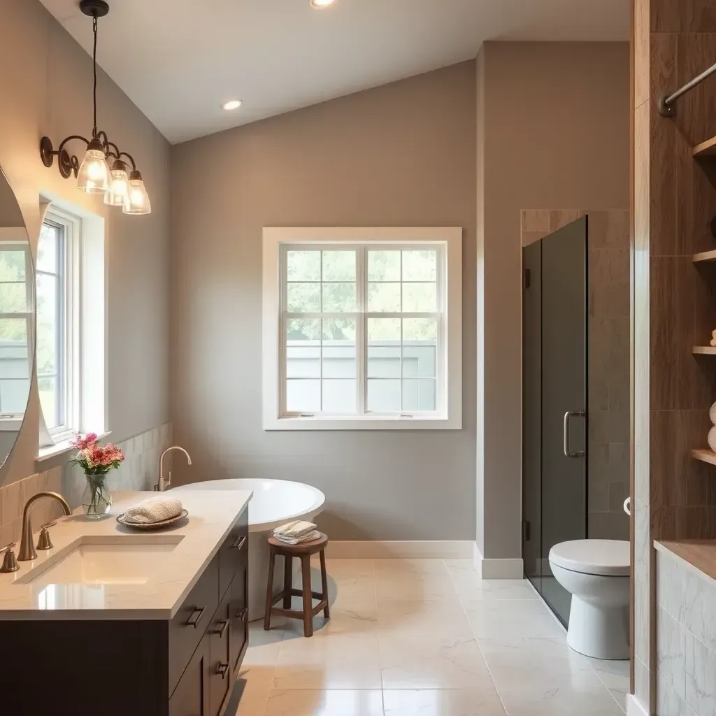 Spacious Taylor, TX bathroom with beige tiles, rustic wood vanity, glass shower, soaking tub, marble countertop, and modern lighting.