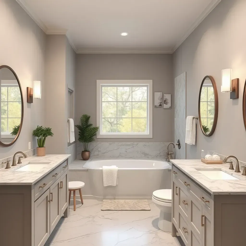 Spacious modern Spicewood Springs bathroom with frosted windows, earthy tones, freestanding tub, walk-in shower, and double vanity.