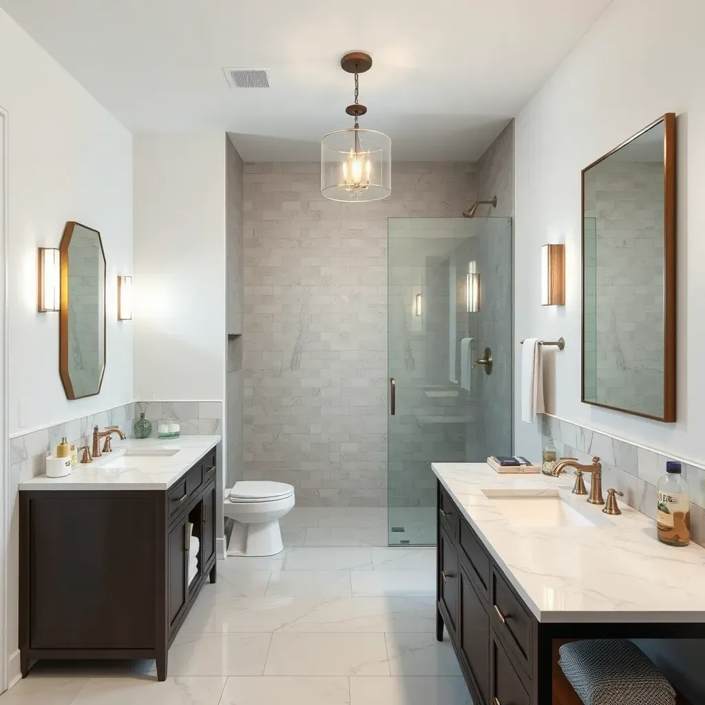 Modern Waco bathroom with sleek tiles, large windows, a freestanding tub, glass shower, double vanity, and fresh greenery.