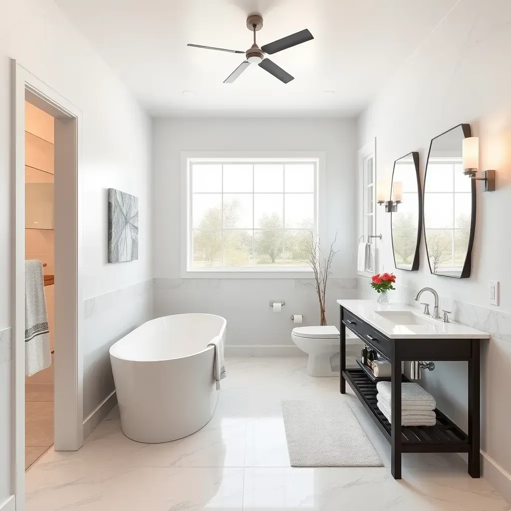 Modern Marble Falls bathroom with marble counters, glass shower, soaking tub, and sleek fixtures in natural earthy tones.