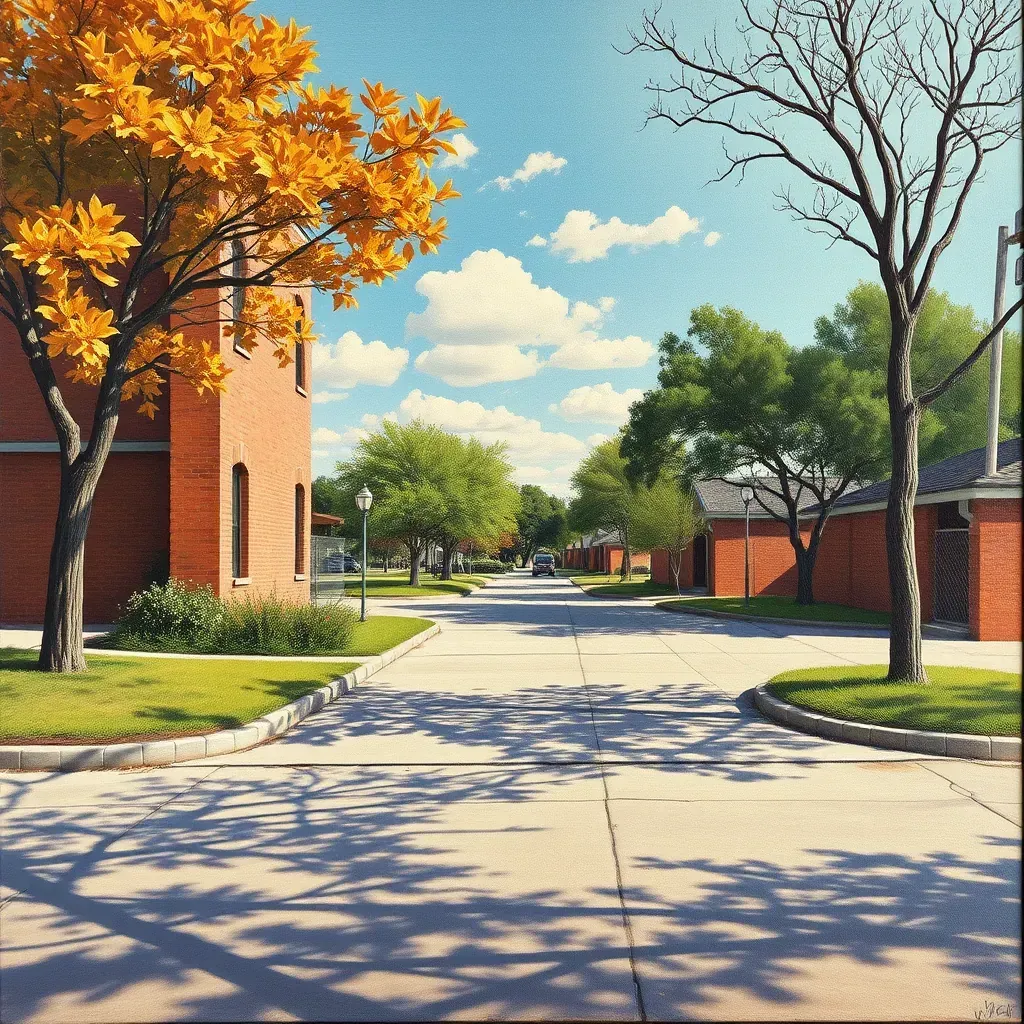 Detailed painting of Round Rock, Texas, showing Main Street with historic storefronts, greenery, and Hill Country landscape.