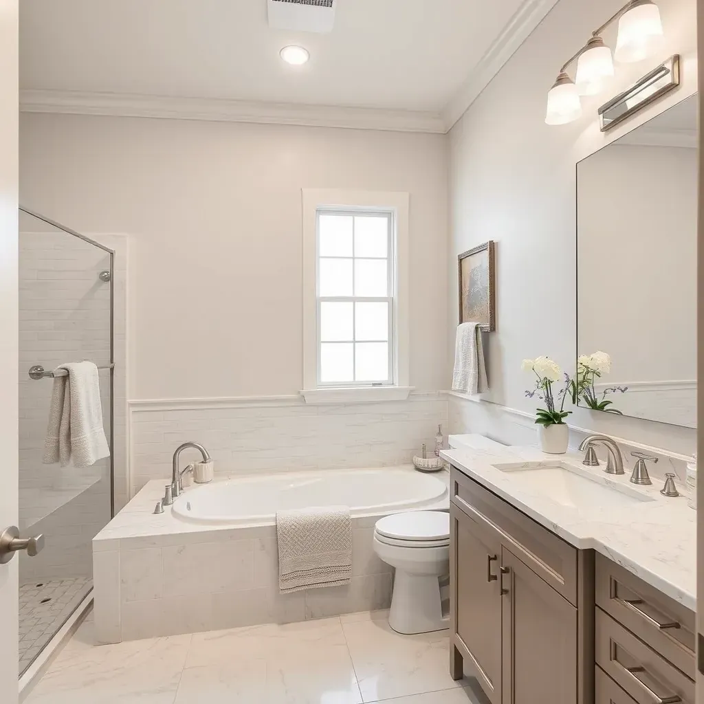 Modern Taylor, TX bathroom with walk-in shower, soaking bathtub, quartz vanity, natural light, neutral tones, and stylish fixtures.