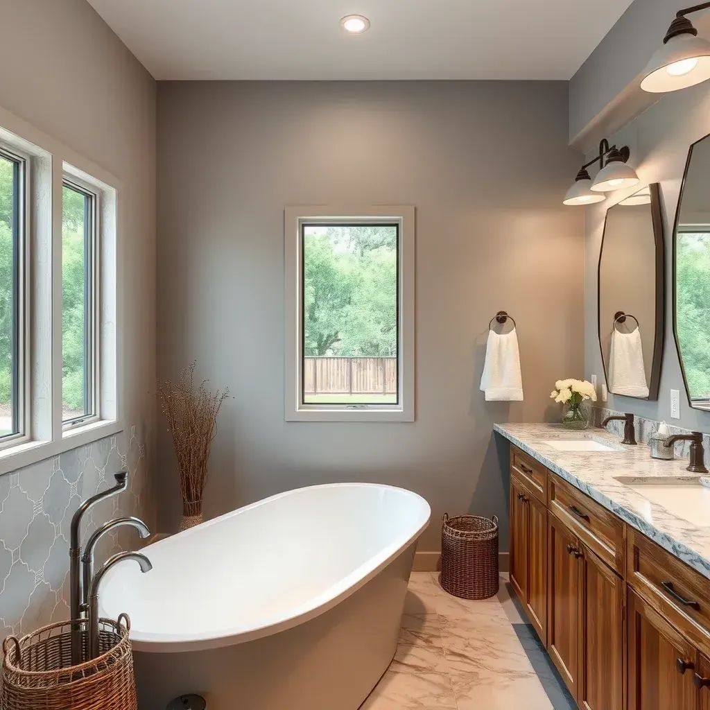 Spacious, modern bathroom in Spicewood Springs, TX, with a glass shower, freestanding tub, dual sinks, and natural light.