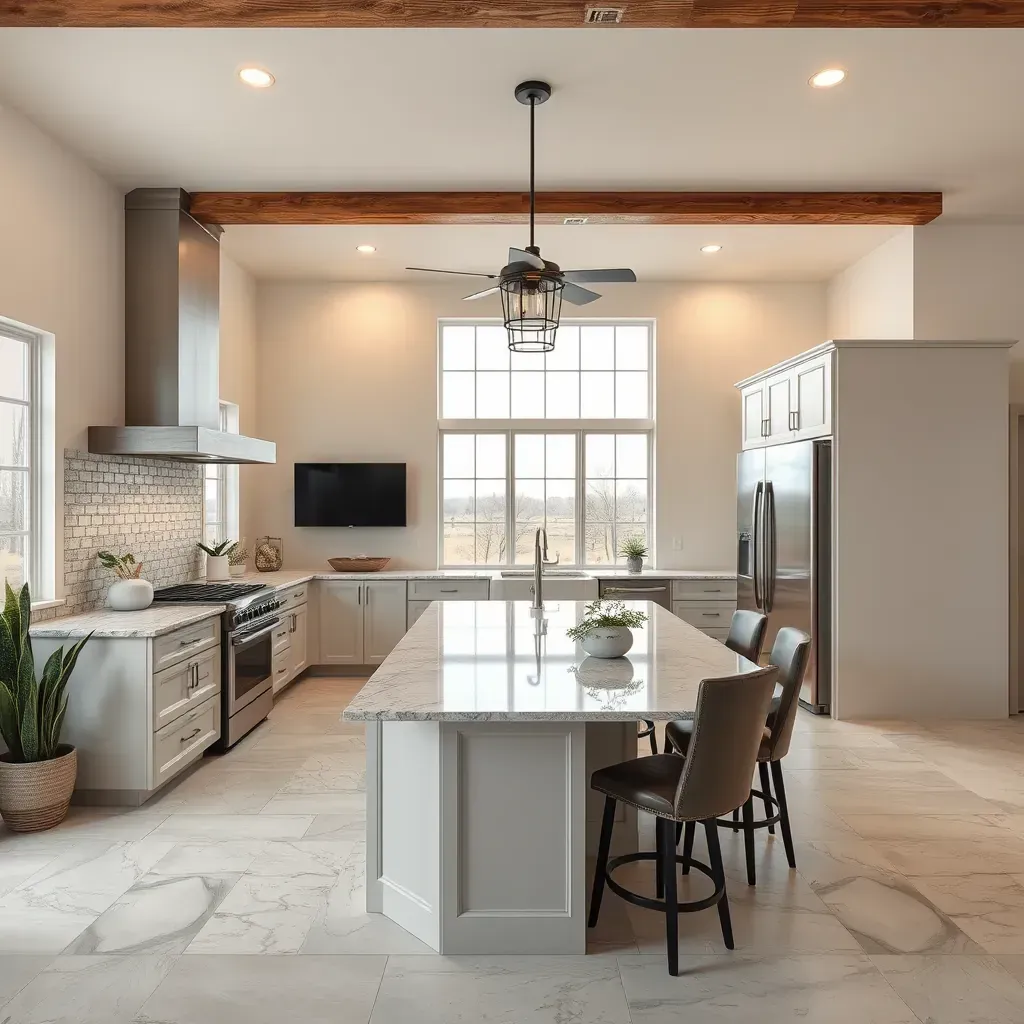 Detailed home remodeling scene in Kerrville, TX showing a renovated house, construction materials, and Hill Country landscape.