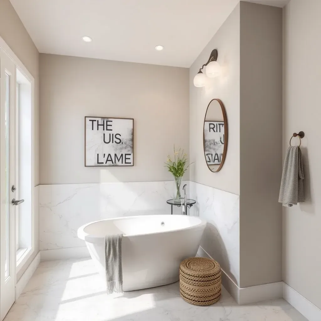Modern bathroom in Round Rock, TX with sleek tiles, glass shower, marble vanity, stylish fixtures, and natural lighting.
