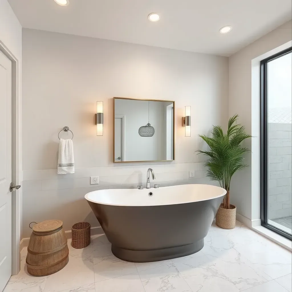 Spacious bathroom in Burnet, TX with marble vanity, glass shower, soaking tub, rustic accents, and natural light.