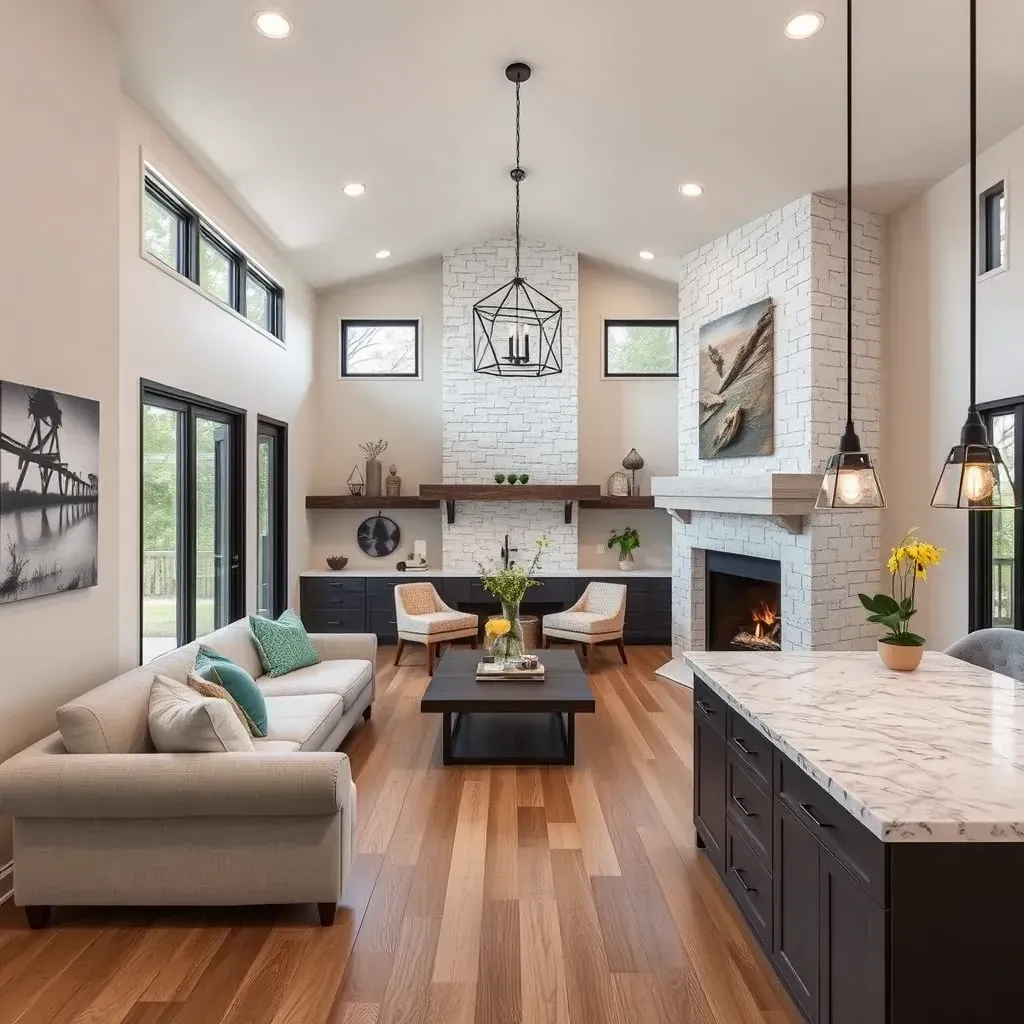 Renovated Dripping Springs, TX home exterior with lush gardens, remodeling tools, patio, hill country backdrop.
