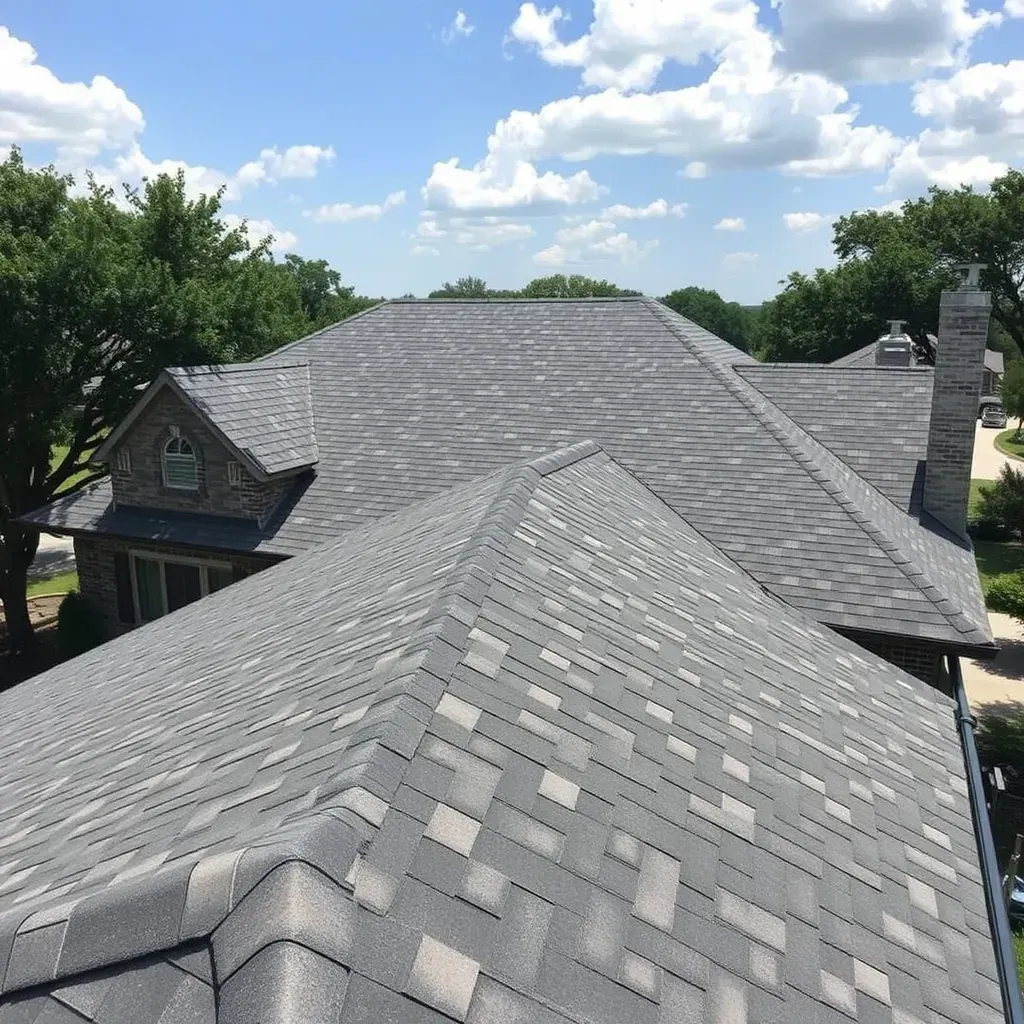 Detailed view of a residential roof installation in Round Rock, Texas, with shingles and a suburban neighborhood backdrop.