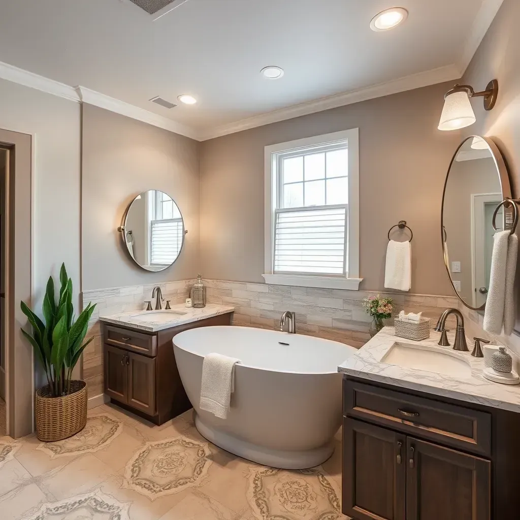 Spacious modern bathroom in New Braunfels, TX with a freestanding tub, glass shower, quartz vanity, and hill country views.