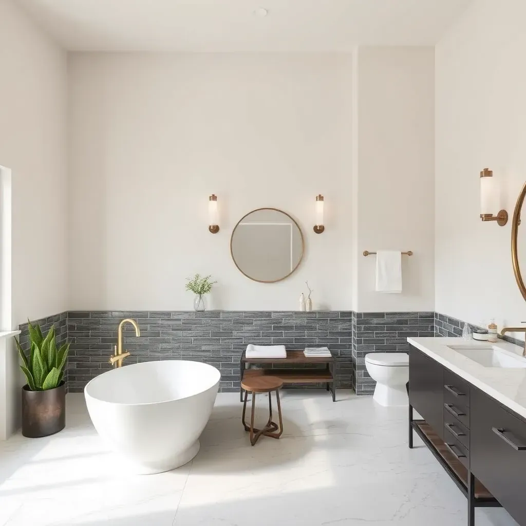 Remodeling bathroom in Dripping Springs, TX with modern fixtures, glass shower, earthy tiles, quartz vanity, and rustic accents.