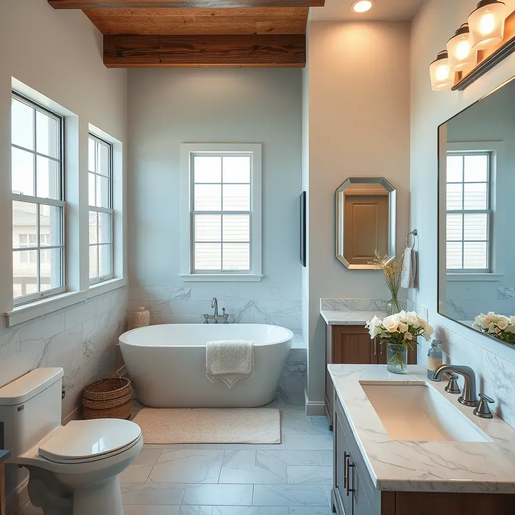 Modern Liberty Hill, TX bathroom remodel featuring a walk-in glass shower, freestanding tub, dark wood vanity, and Texas-inspired decor.
