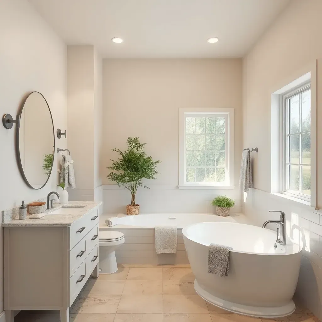 Modern bathroom remodeling in Bastrop, TX featuring a freestanding tub, floating wood vanity, walk-in shower, and natural light.