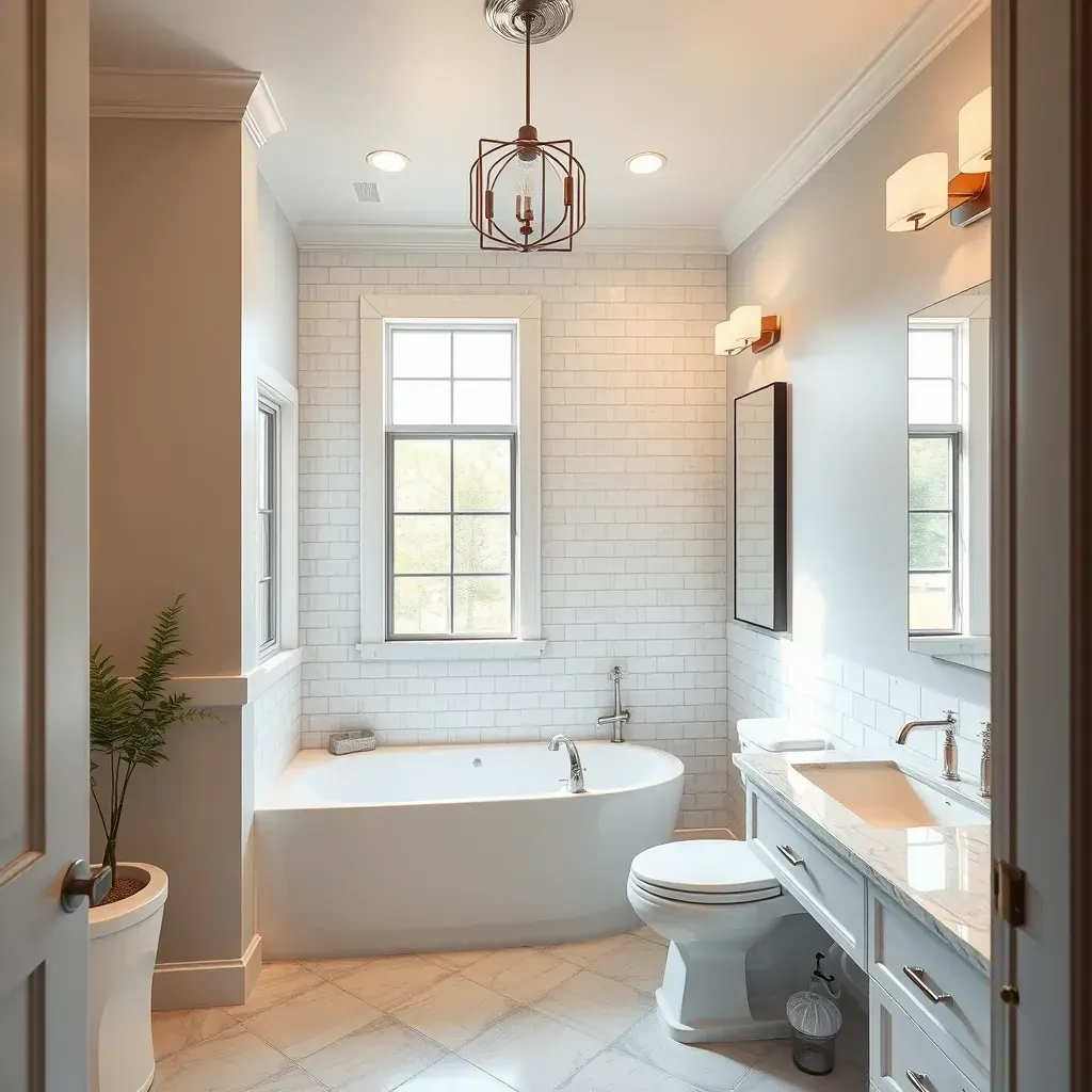 Remodeled Lockhart, TX bathroom with beige porcelain tiles, glass shower, soaking tub, quartz vanity, and Texas charm.