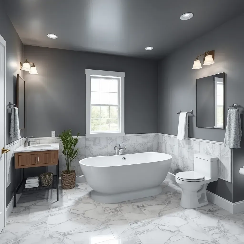 Modern bathroom remodeling in College Station, TX with sleek fixtures, marble countertops, walk-in shower, and Texas landscape view.