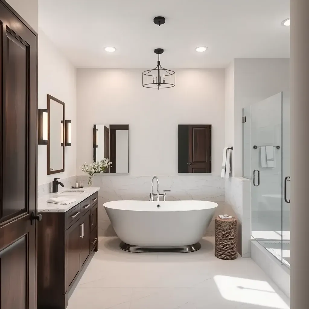 Modern bathroom in Leander, TX with a walk-in glass shower, soaking tub, marble vanity, and elegant neutral tiles.
