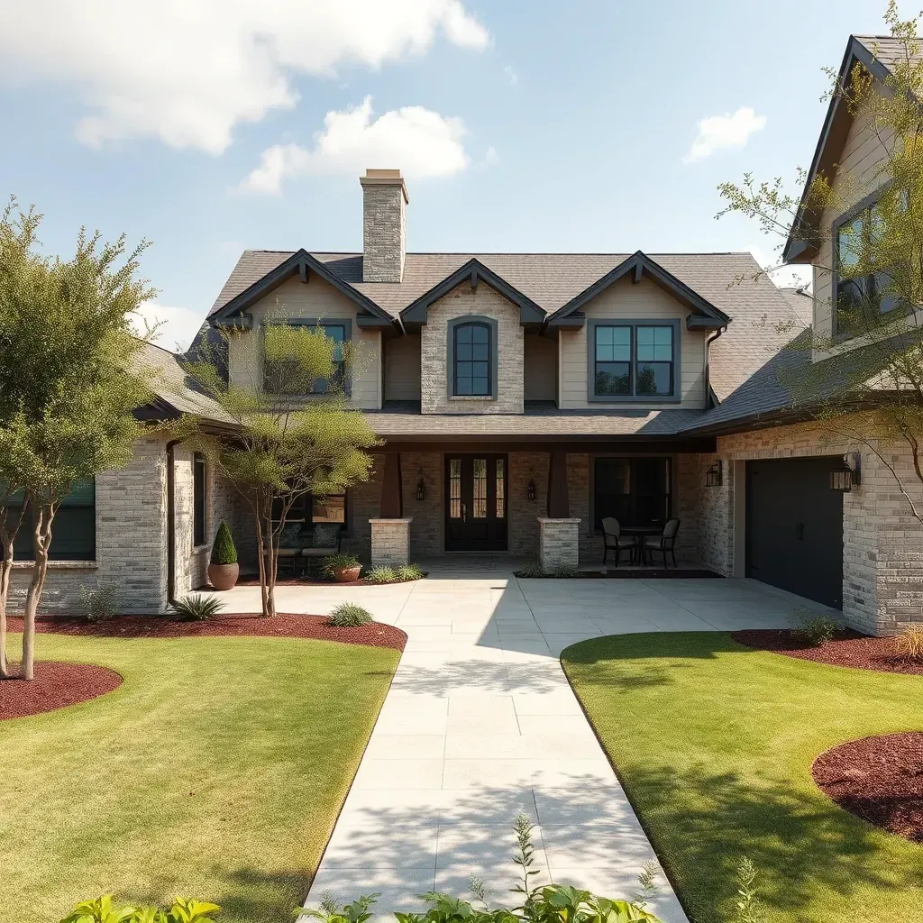 Remodeled Bastrop, TX home with new siding, exposed beams, construction tools, and Texas landscape in soft natural light.