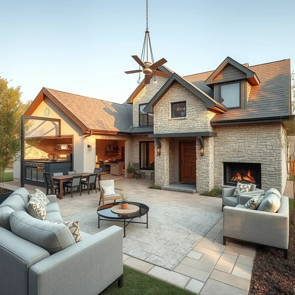 Modern remodeled kitchen and living area in Round Rock, TX with large windows, quartz counters, stainless appliances, hardwood floors.