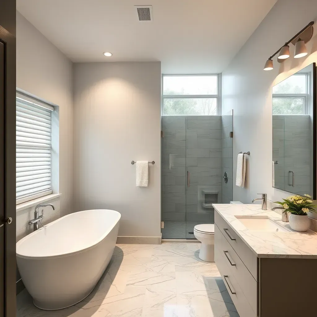 Modern Dallas bathroom with a freestanding tub, walk-in shower, wooden vanity, and neutral-toned tiles.