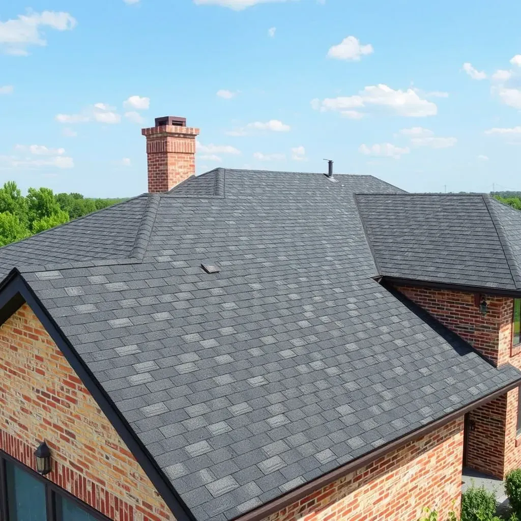 Roof installation on a suburban Round Rock, TX home with gray shingles, safety gear, and Texas landscape under blue sky.