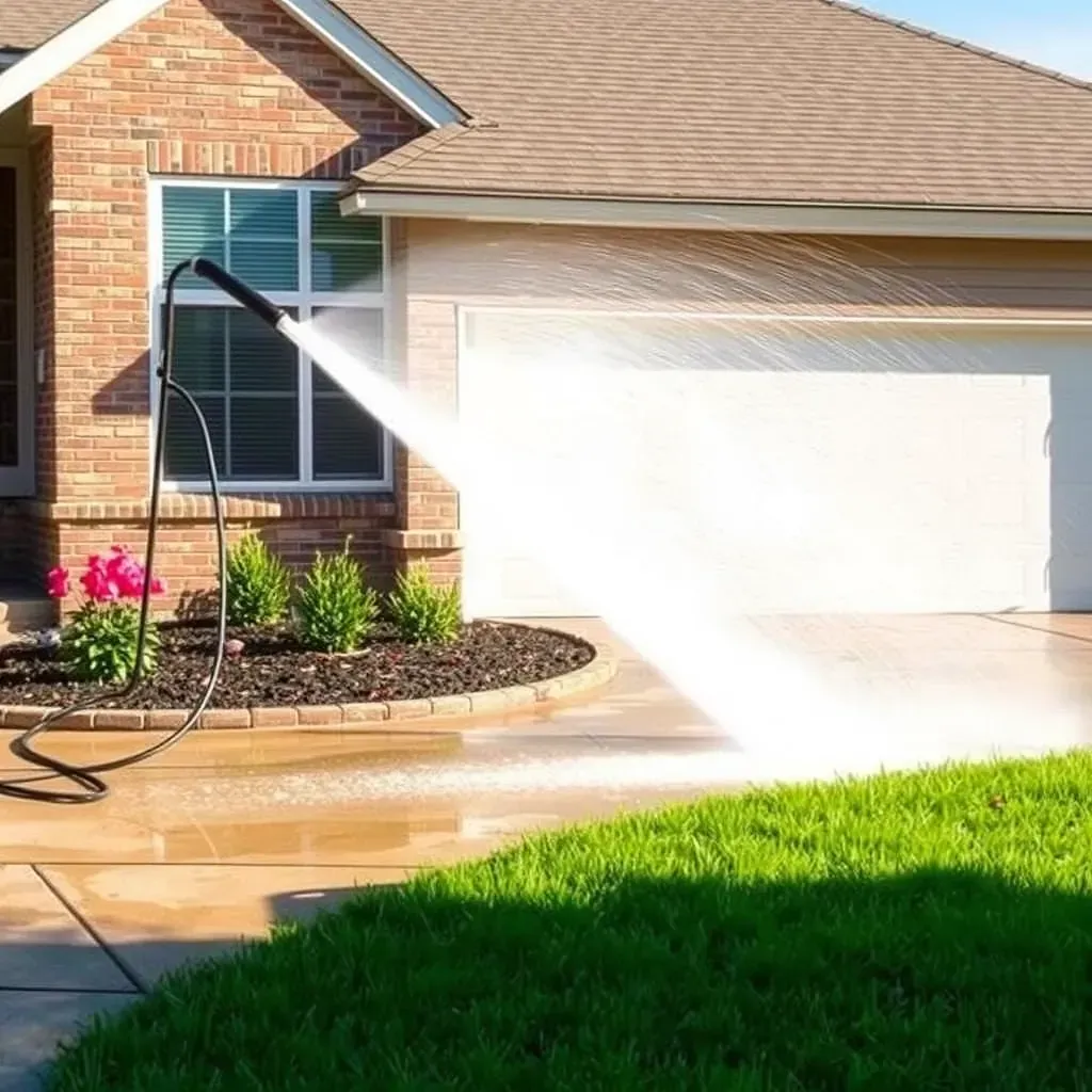 Pressure washing driveway in Round Rock, TX, showcasing clean concrete surfaces, Texas landscape, and suburban neighborhood.