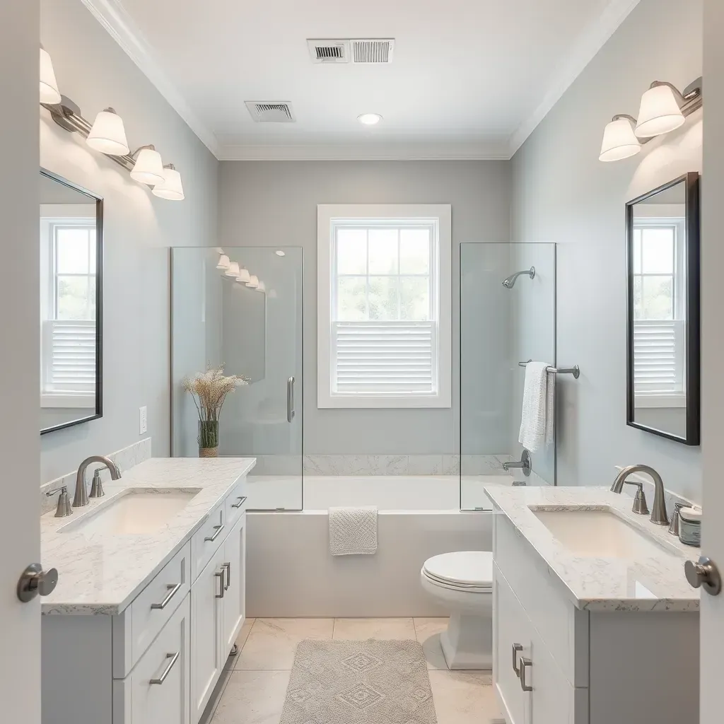 Modern remodeled bathroom in Killeen, TX with neutral tiles, frameless glass shower, double vanity, and bright natural lighting.