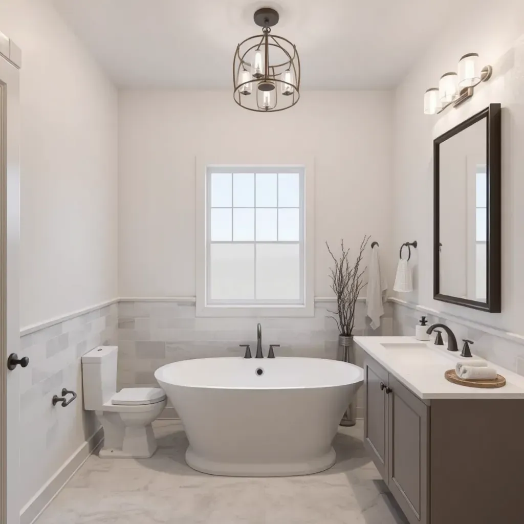 A modern bathroom in Salado, TX featuring sleek fixtures, elegant tile, and contemporary design elements.