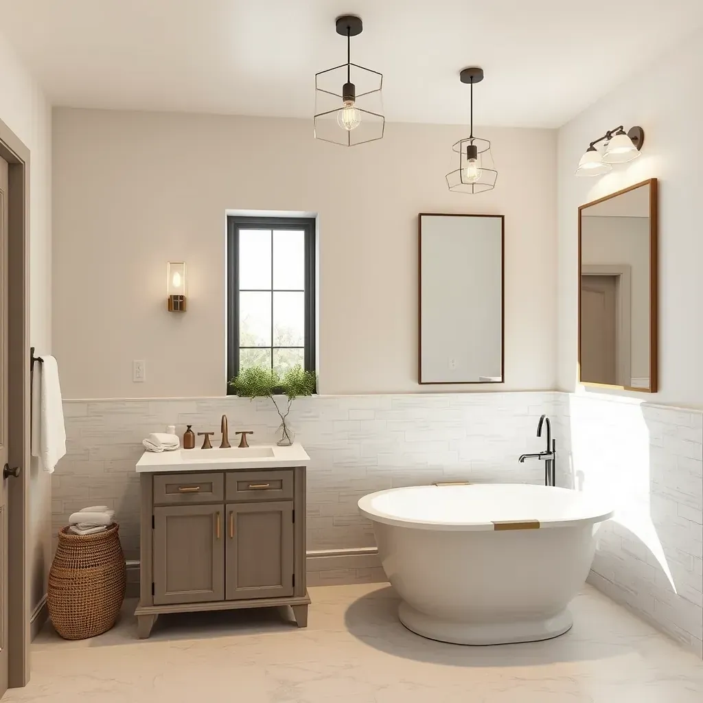 Modern Buda, TX bathroom with walk-in shower, freestanding tub, double vanity, and natural light in stylish neutral tones.