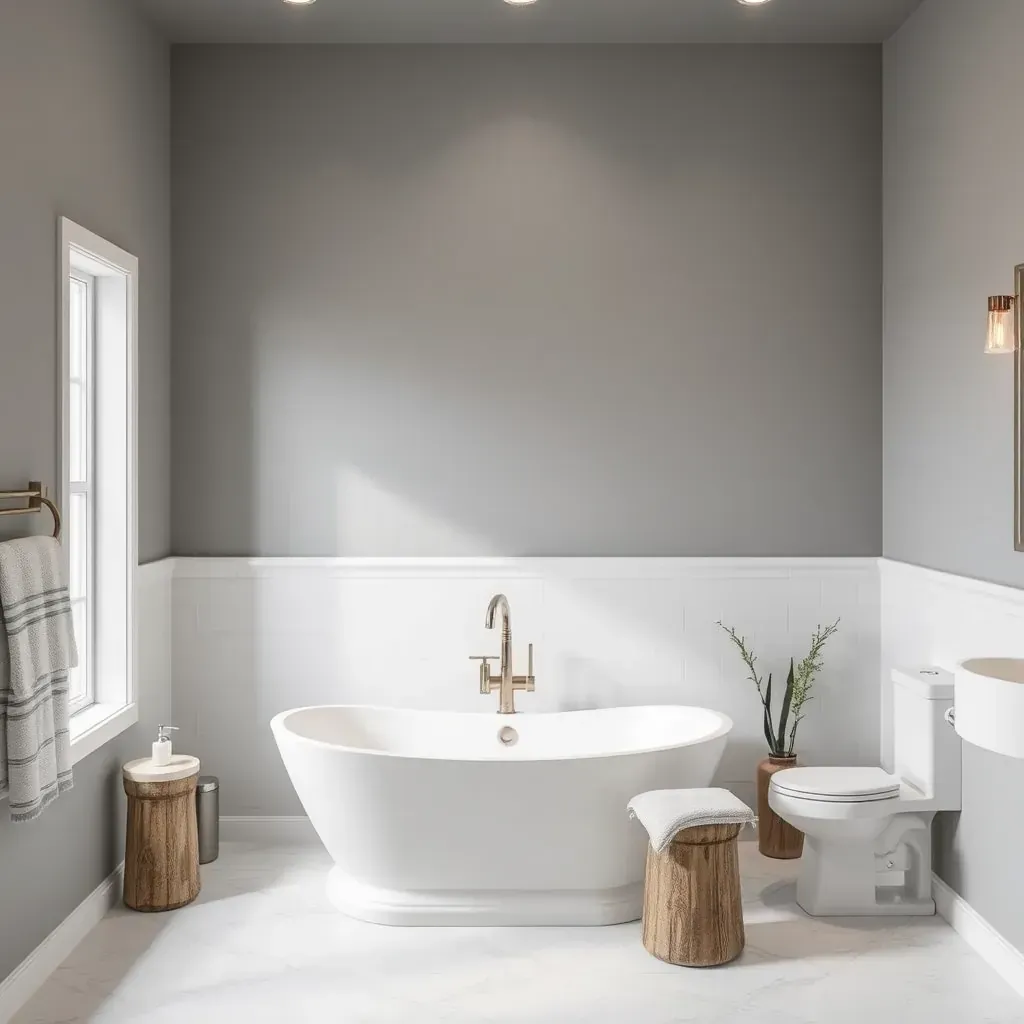 Bathroom in Florence, TX with modern farmhouse style, walk-in shower, soaking tub, rustic vanity, and natural light.