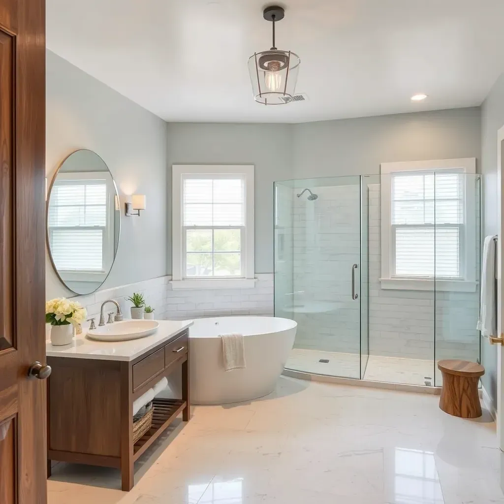 Remodeled Burnet, TX bathroom with quartz countertops, white cabinetry, glass shower, soaking tub, rustic tile, and modern lighting.