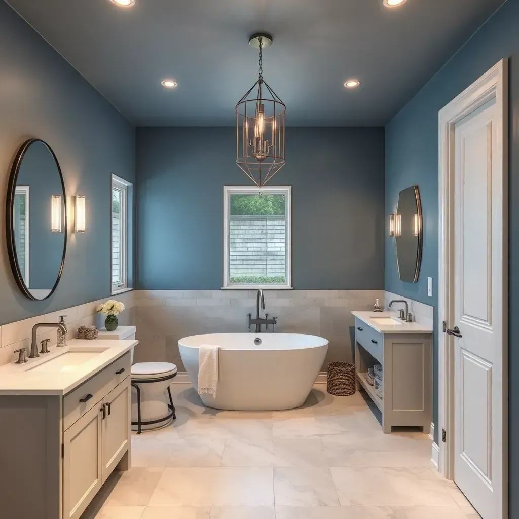 Modern bathroom in Temple, TX with white subway tiles, glass shower, dark wood vanity, quartz countertop, and laundry nook.