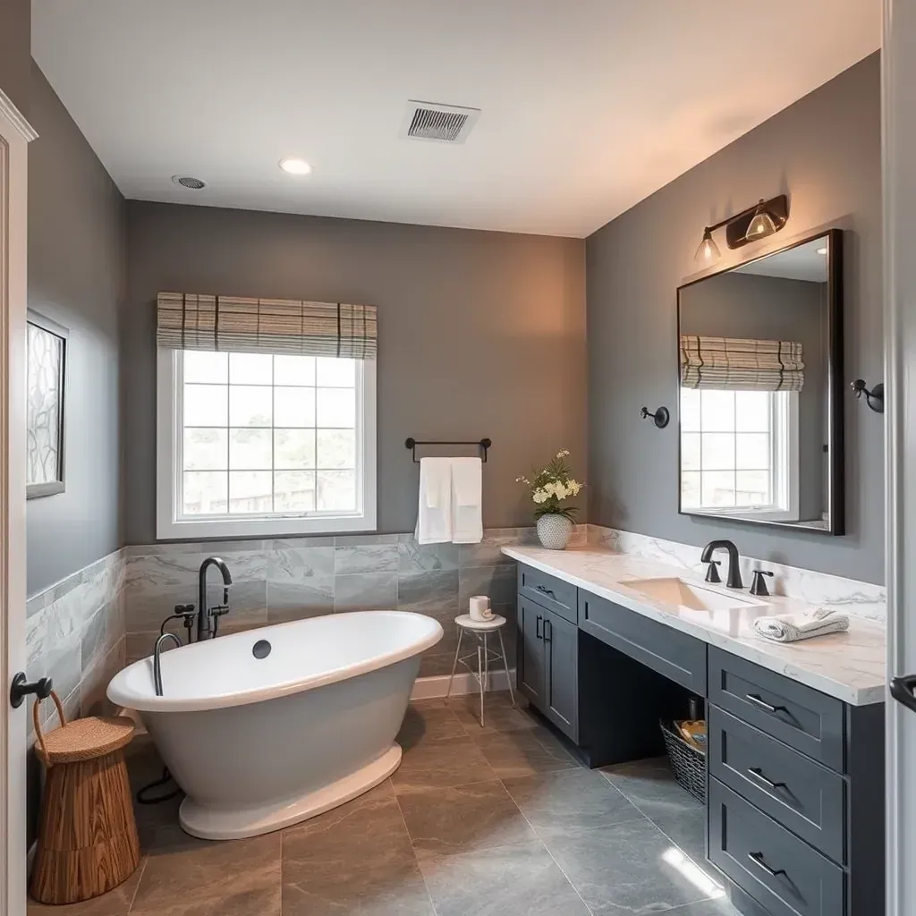 Modern bathroom in Cedar Park, TX with large porcelain tiles, glass shower, freestanding tub, quartz vanity, wooden accents, and natural light.