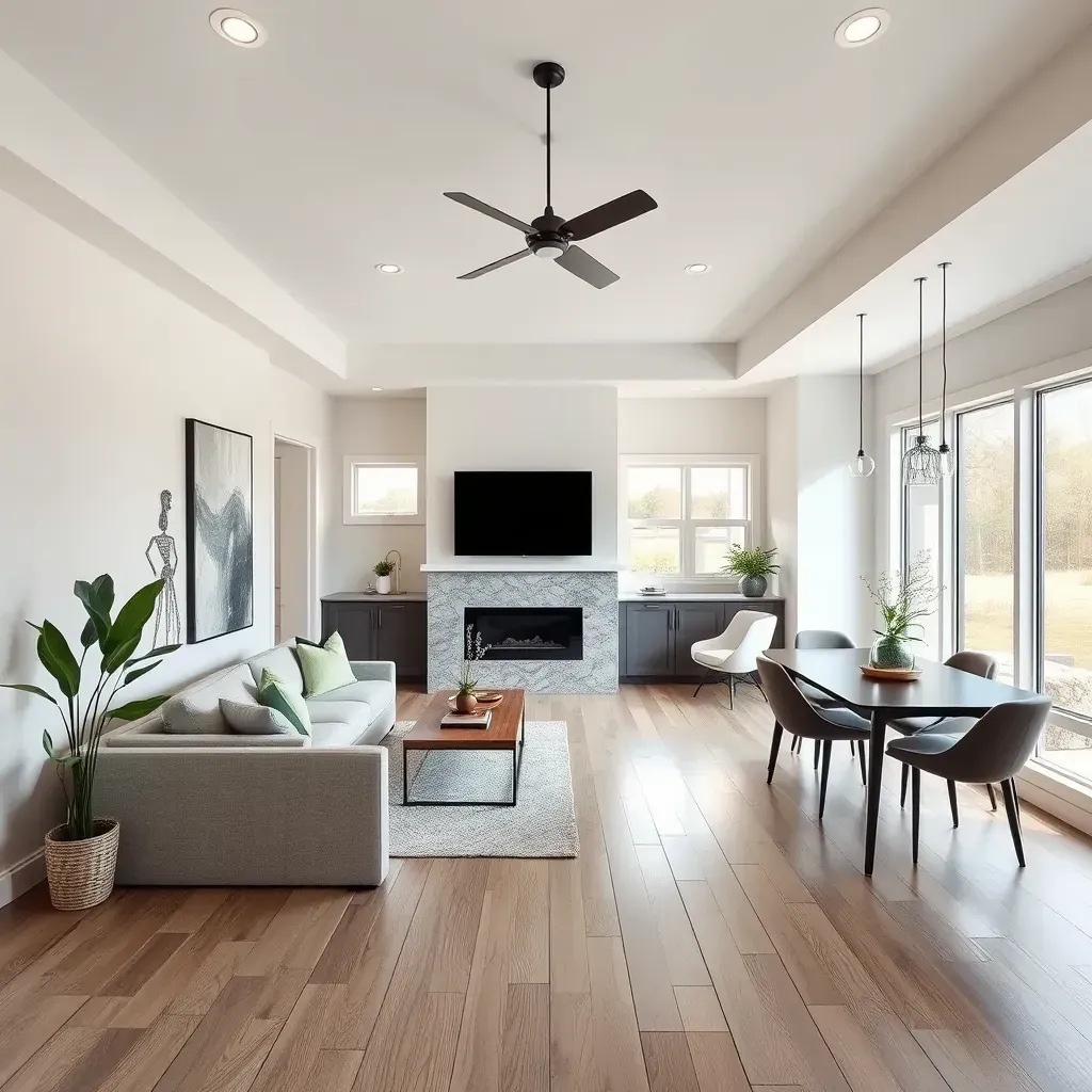 Modern Dallas home exterior with brick, siding, new windows, landscaped yard, construction tools, and skyline view.