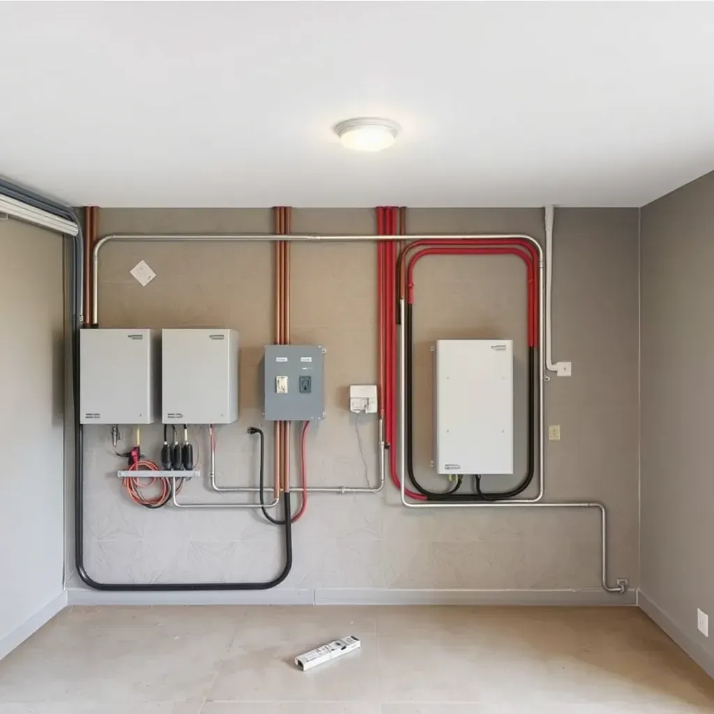 Electrical upgrades in a Texas building featuring new panels, conduit wiring, outdoor lighting, and classic landscape.